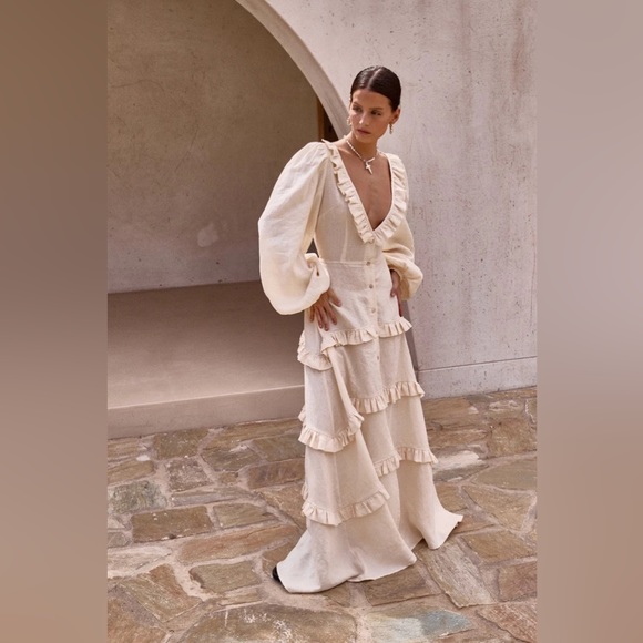 NWT VRG GRL Bonita Linen Ruffle Maxi Dress Cream Australia Brand - Picture 3 of 12